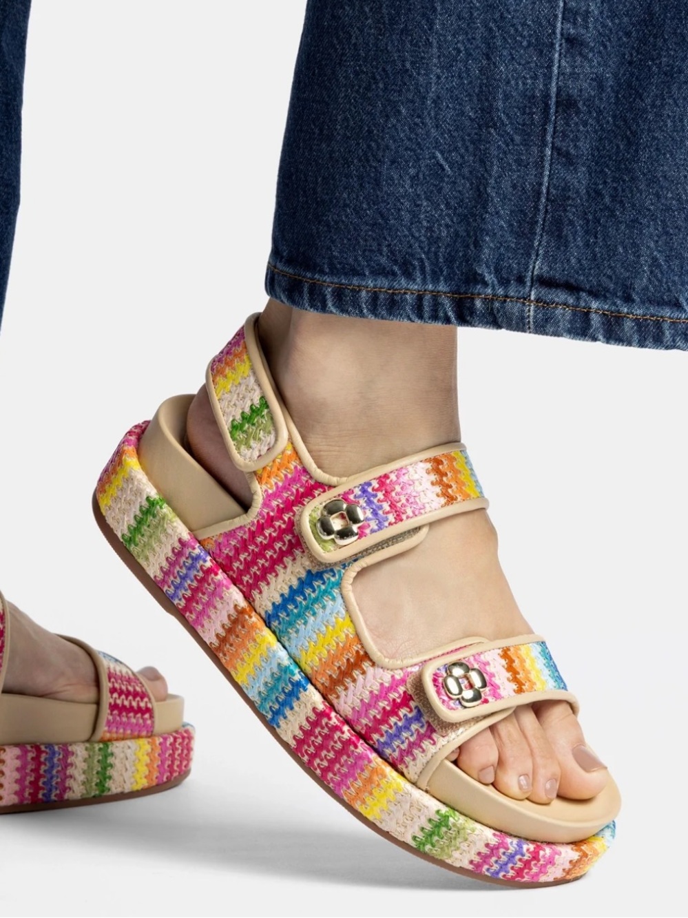 Larroudé Jetty Sandal Rainbow Raffia Beige Leather Flatform Strap Sandal Size 6